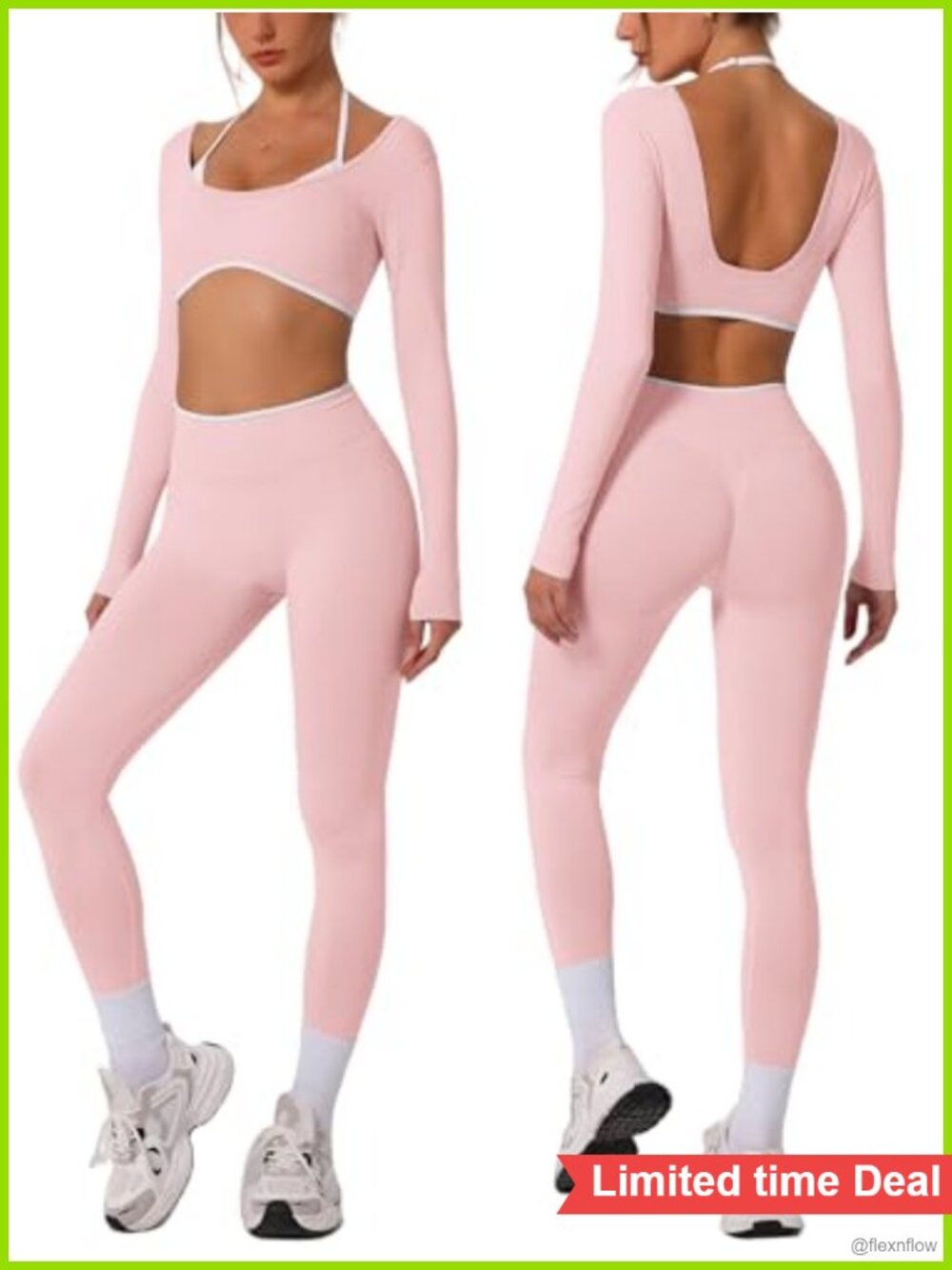 ABOCIW Seamless Long Sleeve Workout Set Crop Top Scrunch Butt Leggings Gym Yoga